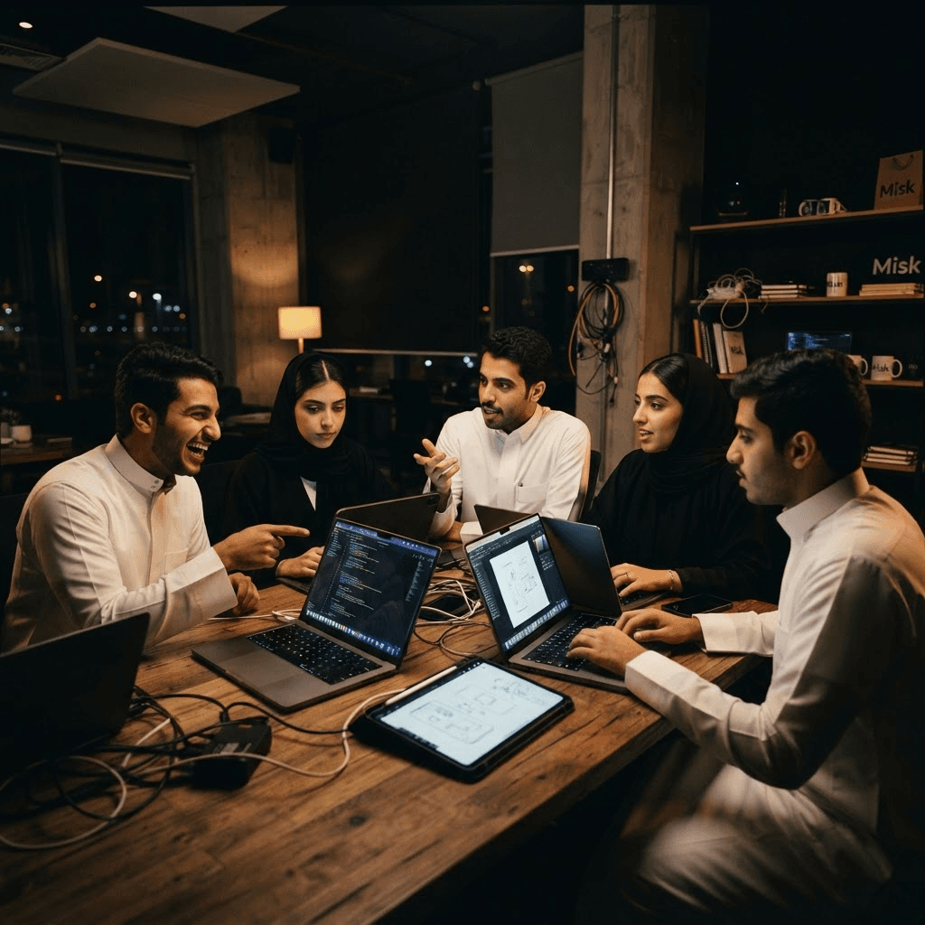 متعلّمون سعوديون شباب يتعاونون حول شاشات مضيئة ليلاً